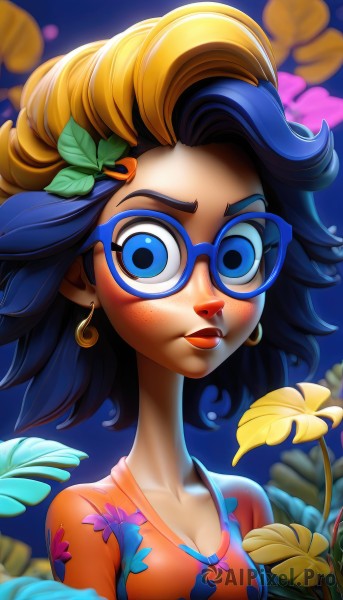 1girl,solo,breasts,looking at viewer,blush,short hair,blue eyes,shirt,hair ornament,cleavage,jewelry,medium breasts,closed mouth,blue hair,collarbone,upper body,flower,multicolored hair,earrings,glasses,hairclip,artist name,blurry,two-tone hair,lips,eyelashes,makeup,leaf,blue background,floral print,plant,lipstick,eyeshadow,personification,freckles,hoop earrings,yellow flower,nose,red lips,print shirt,blue-framed eyewear,blonde hair,hair flower,orange shirt