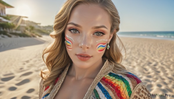 1girl,solo,long hair,looking at viewer,smile,blonde hair,brown hair,brown eyes,jewelry,collarbone,upper body,earrings,outdoors,parted lips,sky,day,blurry,lips,grey eyes,depth of field,blurry background,wavy hair,facial mark,beach,portrait,forehead,freckles,realistic,nose,sand,red lips,desert,cleavage,blue sky,ocean,sunlight,sun,facepaint