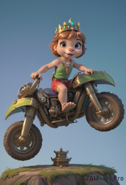 1girl,solo,looking at viewer,smile,short hair,open mouth,brown hair,shirt,brown eyes,jewelry,sitting,outdoors,shorts,barefoot,necklace,feet,toes,blue background,soles,tank top,grass,tiara,crown,ground vehicle,child,motor vehicle,rock,green shirt,female child,riding,red shorts,motorcycle,bare shoulders,full body,earrings,teeth,sleeveless,belt,sleeveless shirt,freckles,mushroom