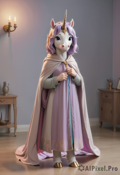 1girl,solo,looking at viewer,smile,long sleeves,dress,holding,animal ears,standing,full body,purple hair,horns,indoors,cape,mask,table,horse ears,staff,cloak,furry,single horn,wooden floor,furry female,candle,unicorn,blue eyes,white dress,desk,candlestand,hooves