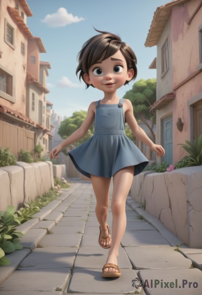 1girl,solo,looking at viewer,smile,short hair,open mouth,blue eyes,brown hair,dress,bare shoulders,standing,full body,outdoors,sky,teeth,sleeveless,day,cloud,black eyes,flat chest,tree,blue sky,bare arms,toes,sleeveless dress,blue dress,sandals,standing on one leg,building,child,walking,running,female child,road,overalls,house,blush,feet,legs