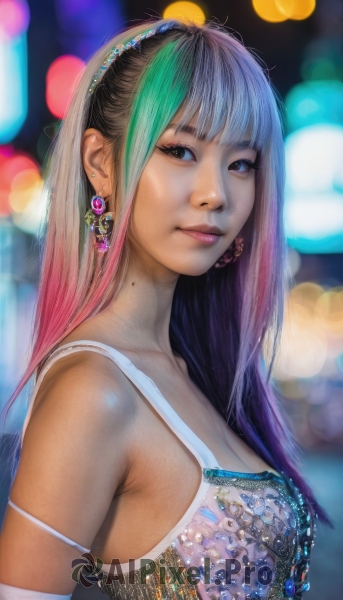 1girl,solo,long hair,breasts,looking at viewer,smile,bangs,blue eyes,cleavage,bare shoulders,jewelry,medium breasts,closed mouth,upper body,pink hair,multicolored hair,earrings,green hair,mole,blurry,black eyes,from side,two-tone hair,lips,looking to the side,gradient hair,depth of field,blurry background,strap slip,mole on breast,realistic,nose,underwear,hairband,blunt bangs,bra,streaked hair,eyelashes,makeup,watermark,bokeh,mole on neck,mole on body