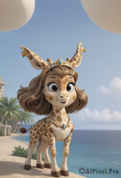 1girl,solo,smile,brown hair,animal ears,brown eyes,jewelry,closed mouth,standing,tail,full body,earrings,outdoors,sky,day,artist name,cloud,signature,medium hair,water,necklace,blurry,tree,blue sky,no humans,blurry background,ocean,beach,happy,tiara,crown,furry,sand,palm tree,furry female,horizon,coconut,looking at viewer,short hair,hairband,gem,brown fur