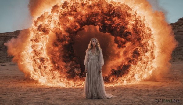 1girl,solo,long hair,breasts,looking at viewer,blonde hair,long sleeves,dress,cleavage,standing,outdoors,white dress,torn clothes,fire,realistic,explosion,burning,sky,smoke,robe,sand,desert