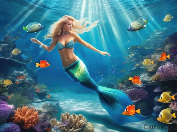 1girl,solo,long hair,breasts,blonde hair,navel,cleavage,jewelry,medium breasts,swimsuit,closed eyes,bikini,parted lips,dark skin,water,necklace,bracelet,lips,strapless,floating hair,ocean,animal,sunlight,monster girl,bikini top only,armlet,fish,bubble,light rays,rock,underwater,scales,air bubble,mermaid,sunbeam,shell,pearl necklace,starfish,swimming,coral,seaweed,clownfish,bare shoulders,midriff,turtle