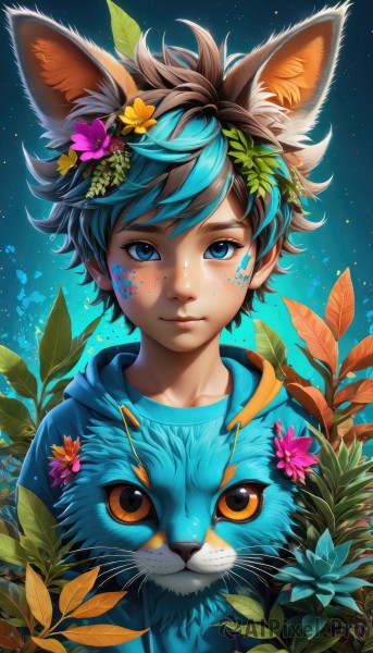 solo,looking at viewer,short hair,bangs,blue eyes,brown hair,hair ornament,1boy,animal ears,closed mouth,blue hair,upper body,flower,male focus,multicolored hair,artist name,hair flower,hood,two-tone hair,lips,animal ear fluff,gradient,fox ears,hoodie,animal,leaf,watermark,blue background,facial mark,cat,hood down,plant,androgynous,freckles,creature,whiskers,1girl,smile,sky,messy hair,star (sky),night sky,web address,extra ears,starry sky,nose,facepaint,leaf hair ornament,blue hoodie