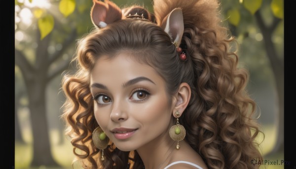 1girl,solo,long hair,looking at viewer,smile,brown hair,hair ornament,animal ears,brown eyes,jewelry,ponytail,earrings,outdoors,day,dark skin,necklace,blurry,dark-skinned female,tree,lips,eyelashes,depth of field,blurry background,leaf,wavy hair,portrait,forehead,curly hair,realistic,nose,parted lips,food,teeth,from side,fruit,sunlight,messy hair,extra ears,food-themed earrings