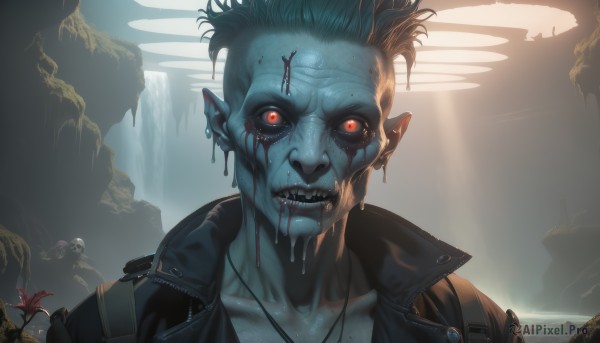 solo,looking at viewer,red eyes,1boy,jewelry,collarbone,jacket,flower,male focus,teeth,pointy ears,tears,water,necklace,blood,glowing,colored skin,fangs,sharp teeth,portrait,glowing eyes,colored sclera,injury,blood on face,blue skin,black sclera,waterfall,blood from mouth,cave,1girl,scenery,realistic,leather,leather jacket,mohawk,cyberpunk