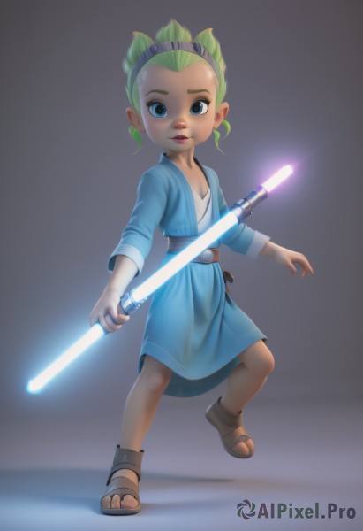 1girl,solo,looking at viewer,short hair,blue eyes,blonde hair,simple background,dress,holding,brown eyes,full body,weapon,hairband,green hair,belt,sword,lips,toes,sandals,aged down,child,robe,female child,energy sword,lightsaber,sheath,realistic