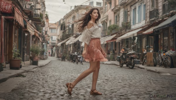 1girl, solo, long hair, looking at viewer, skirt, brown hair, shirt, black hair, bare shoulders, brown eyes, jewelry, white shirt, outdoors, solo focus, day, off shoulder, sandals, plant, ground vehicle, building, scenery, motor vehicle, pink skirt, walking, city, realistic, off-shoulder shirt, car, potted plant, road, motorcycle, street, bicycle, pavement, storefront