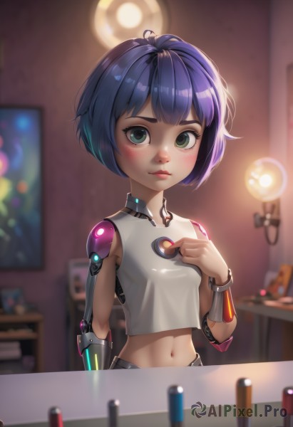 1girl,solo,breasts,looking at viewer,blush,short hair,bangs,shirt,navel,closed mouth,green eyes,blue hair,white shirt,upper body,purple hair,small breasts,sleeveless,midriff,shiny,artist name,indoors,stomach,blurry,lips,crop top,sleeveless shirt,depth of field,blurry background,bob cut,tank top,hand on own chest,freckles,android,joints,mechanical arms,cyborg,single mechanical arm,prosthesis,robot joints,makeup,watermark,science fiction