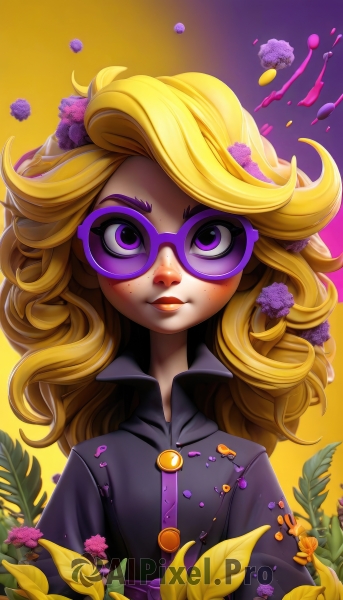 1girl,solo,long hair,looking at viewer,smile,blonde hair,hair ornament,closed mouth,purple eyes,upper body,flower,glasses,hair flower,lips,eyelashes,makeup,mask,leaf,plant,lipstick,eyeshadow,freckles,curly hair,purple flower,domino mask,artist name,purple-framed eyewear