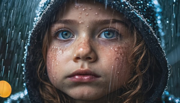 1girl, solo, blue eyes, blonde hair, brown hair, parted lips, hood, lips, wet, eyelashes, portrait, close-up, rain, realistic, nose