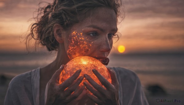 A female surrounded by a serene dynamic scene