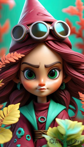 1girl,solo,long hair,looking at viewer,brown hair,shirt,hair ornament,hat,jewelry,closed mouth,green eyes,upper body,flower,red hair,earrings,hair flower,blurry,lips,witch hat,goggles,freckles,goggles on head,yellow flower,female child,jacket,pink hair,artist name,blurry background,leaf,web address,nose,goggles on headwear