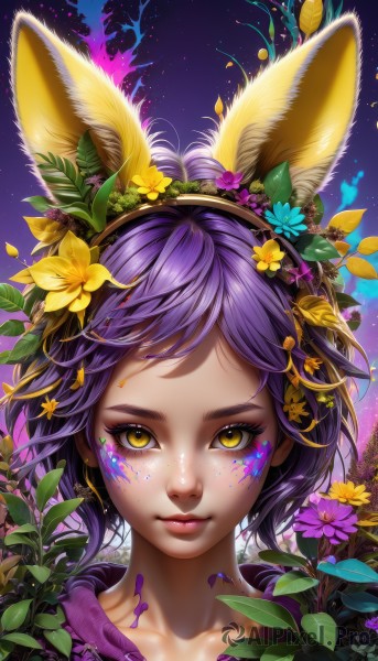 1girl,solo,looking at viewer,smile,short hair,bangs,hair ornament,animal ears,closed mouth,collarbone,yellow eyes,purple hair,flower,hairband,artist name,hair flower,rabbit ears,lips,petals,fox ears,eyelashes,makeup,fake animal ears,leaf,facial mark,plant,portrait,freckles,blue flower,pink lips,yellow flower,nose,purple flower,mascara,paint splatter,colorful