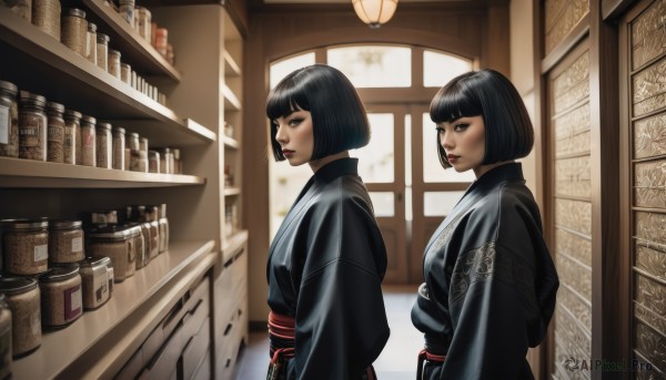 looking at viewer,short hair,bangs,multiple girls,black hair,long sleeves,2girls,closed mouth,upper body,japanese clothes,indoors,blunt bangs,kimono,black eyes,from side,lips,sash,window,profile,makeup,obi,bob cut,bottle,bookshelf,black kimono,architecture,east asian architecture,shelf,jar,shop,cabinet,signature,siblings,sisters,twins,realistic