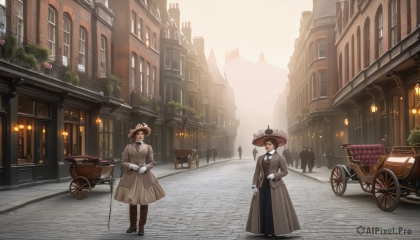 smile,short hair,multiple girls,brown hair,shirt,black hair,gloves,long sleeves,hat,dress,2girls,brown eyes,standing,flower,boots,outdoors,necktie,pants,white gloves,black footwear,coat,ground vehicle,building,scenery,motor vehicle,top hat,city,brown headwear,car,road,multiple others,brown coat,lamppost,street,cane,trench coat,1girl,looking at viewer,bow,holding,multiple boys,solo focus,day,bowtie,tree,book,window,black bow,bird,umbrella,faceless,brown dress,bicycle,crowd,suitcase,people,pavement,wheelchair,fountain