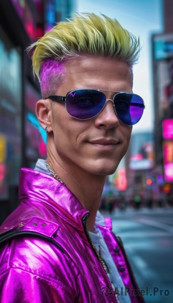 solo,looking at viewer,smile,short hair,blonde hair,shirt,1boy,jewelry,closed mouth,jacket,white shirt,upper body,pink hair,male focus,multicolored hair,earrings,outdoors,open clothes,day,blurry,two-tone hair,open jacket,lips,blurry background,piercing,sunglasses,ear piercing,zipper,city,realistic,stud earrings,pink jacket,purple jacket,leather,undercut,leather jacket,aviator sunglasses,blue eyes,necklace,unzipped,very short hair