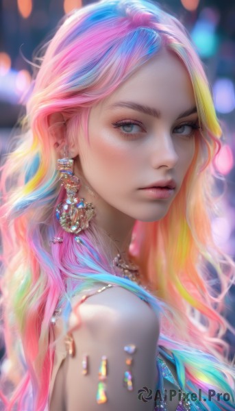 1girl,solo,long hair,looking at viewer,blush,blonde hair,bare shoulders,jewelry,closed mouth,blue hair,upper body,pink hair,multicolored hair,earrings,necklace,blurry,from side,lips,grey eyes,eyelashes,makeup,depth of field,blurry background,gem,realistic,nose,rainbow hair,bangs,dress,artist name,orange hair,streaked hair,looking to the side,watermark,wavy hair,expressionless,portrait,forehead,freckles,bokeh,mascara,pearl (gemstone)