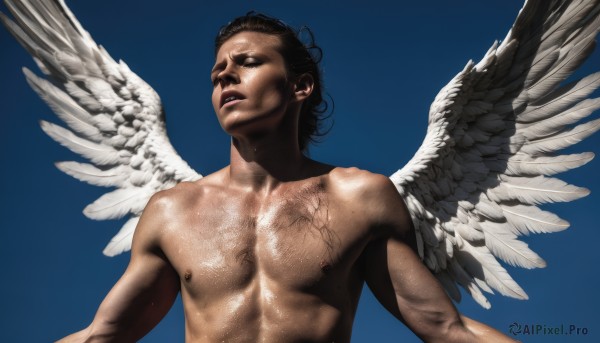 solo,simple background,black hair,1boy,nipples,closed eyes,upper body,male focus,nude,parted lips,wings,shiny,dark skin,lips,blue background,dark-skinned male,pectorals,feathered wings,topless male,angel wings,realistic,white wings,angel,shiny skin,muscular,veins