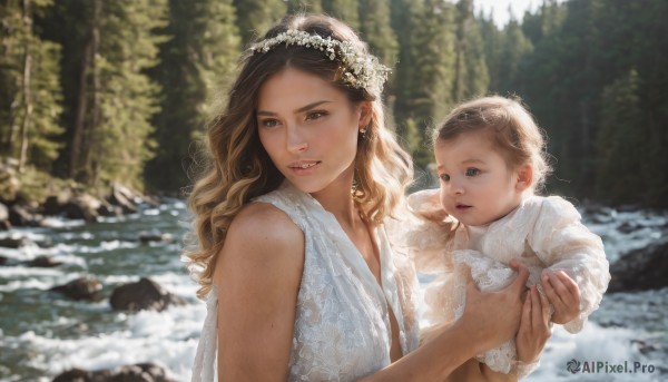 1girl,long hair,looking at viewer,smile,multiple girls,brown hair,hair ornament,dress,2girls,brown eyes,jewelry,upper body,flower,earrings,outdoors,parted lips,sleeveless,day,hair flower,water,white dress,mole,blurry,tree,lips,depth of field,blurry background,siblings,wavy hair,child,nature,carrying,forest,freckles,rock,realistic,head wreath,river,baby,ring,tiara,curly hair,mother and daughter,mole on cheek