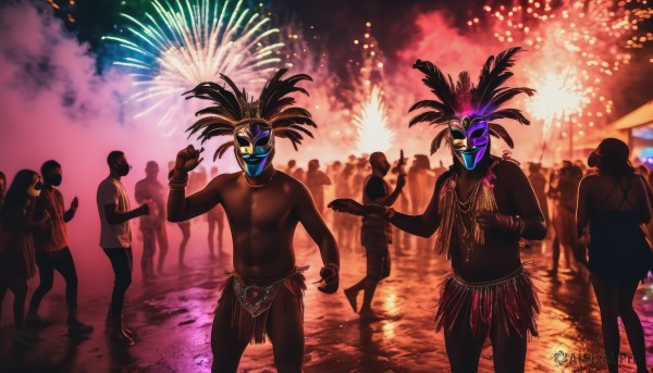 multiple girls,holding,jewelry,standing,male focus,outdoors,multiple boys,sky,dark skin,necklace,bracelet,mask,night,glowing,feathers,pointing,night sky,walking,6+boys,topless male,silhouette,fireworks,crowd,festival,aerial fireworks,smile,water,dancing,people