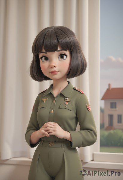 1girl,solo,breasts,looking at viewer,smile,short hair,bangs,brown hair,long sleeves,brown eyes,closed mouth,standing,cowboy shot,outdoors,sky,day,belt,pants,indoors,blunt bangs,blurry,uniform,lips,military,window,military uniform,buttons,blurry background,bob cut,own hands together,curtains,building,freckles,pocket,green pants,blush,black hair,jacket,eyelashes,thick eyebrows,nose,military jacket