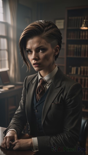 1girl,solo,looking at viewer,short hair,brown hair,shirt,black hair,long sleeves,jewelry,sitting,jacket,white shirt,upper body,earrings,parted lips,open clothes,necktie,collared shirt,indoors,dark skin,nail polish,blurry,vest,dark-skinned female,lips,black jacket,book,window,depth of field,blurry background,scar,chair,formal,ring,suit,black nails,freckles,pocket,realistic,nose,bookshelf,stud earrings,brown necktie,very short hair,dirty,burn scar