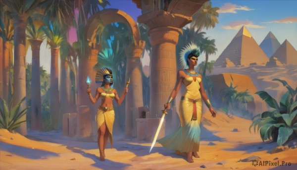 breasts,smile,short hair,multiple girls,skirt,black hair,dress,navel,holding,2girls,bare shoulders,jewelry,medium breasts,blue hair,standing,full body,weapon,earrings,outdoors,sky,barefoot,day,midriff,sword,cloud,dark skin,necklace,holding weapon,looking at another,bracelet,dark-skinned female,tree,blue sky,strapless,makeup,toes,holding sword,sandals,plant,staff,walking,shield,long skirt,sand,anklet,palm tree,headdress,bangle,tube top,bracer,pillar,glowing weapon,egyptian,egyptian clothes,desert,column,ankh,neck ring