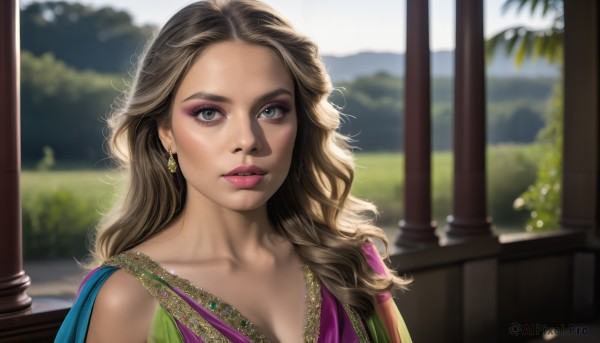 HQ,1girl,solo,long hair,breasts,looking at viewer,blue eyes,brown hair,dress,cleavage,jewelry,green eyes,collarbone,upper body,earrings,day,blurry,lips,grey eyes,eyelashes,makeup,depth of field,blurry background,wavy hair,lipstick,eyeshadow,curly hair,realistic,nose,eyeliner,mascara,medium breasts,outdoors,parted lips,teeth,necklace,tree,portrait