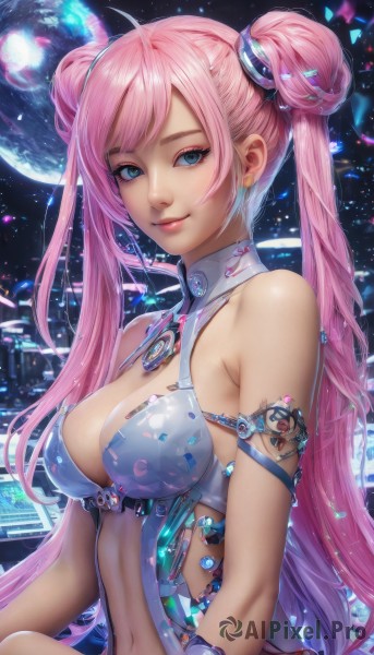 1girl,solo,long hair,breasts,looking at viewer,smile,bangs,blue eyes,large breasts,navel,cleavage,bare shoulders,twintails,jewelry,medium breasts,very long hair,upper body,pink hair,earrings,hair bun,lips,clothing cutout,double bun,armlet,science fiction,space,planet,earth (planet),hair ornament,closed mouth,ahoge,eyelashes,gem,realistic,nose