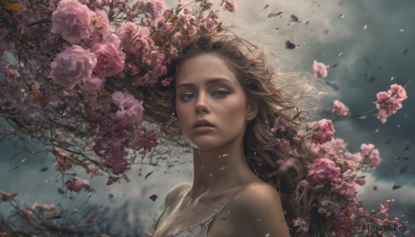 1girl, solo, long hair, blue eyes, brown hair, bare shoulders, collarbone, upper body, flower, parted lips, lips, looking up, cherry blossoms, wind, pink flower, realistic, nose, branch