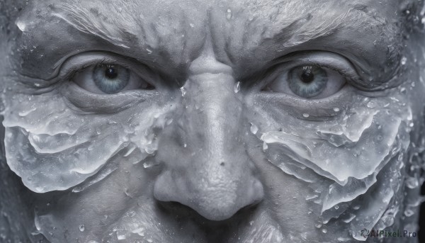 solo,looking at viewer,blue eyes,1boy,closed mouth,monochrome,greyscale,male focus,water,portrait,close-up,reflection,realistic,eye focus,eyelashes,spot color,water drop,grey theme