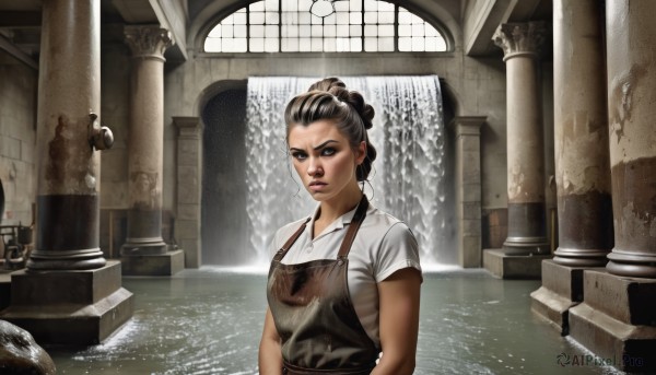 1girl,solo,looking at viewer,brown hair,shirt,black hair,closed mouth,white shirt,upper body,braid,short sleeves,collared shirt,indoors,water,hair bun,black eyes,apron,lips,wet,window,single hair bun,realistic,pillar,statue,church,arch,column,multicolored hair,two-tone hair,makeup