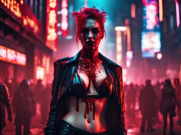 1girl,solo,breasts,looking at viewer,short hair,navel,cleavage,medium breasts,underwear,jacket,swimsuit,bikini,red hair,outdoors,open clothes,solo focus,midriff,pants,bra,blurry,open jacket,black jacket,blood,night,depth of field,blurry background,black bra,bikini top only,blood on face,city,realistic,hands in pockets,blood on clothes,leather,blood splatter,crowd,leather jacket,upper body,hair bun,facing viewer,city lights,cyberpunk