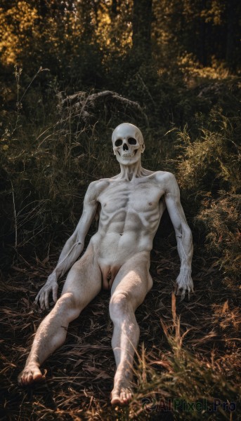 solo,looking at viewer,smile,1boy,navel,sitting,nipples,full body,male focus,nude,penis,tree,pubic hair,completely nude,muscular,colored skin,abs,testicles,pectorals,muscular male,skull,bald,grey skin,ribs,skeleton,flaccid,horror (theme),no humans,uncensored,grass,veins,realistic,dark,fine art parody