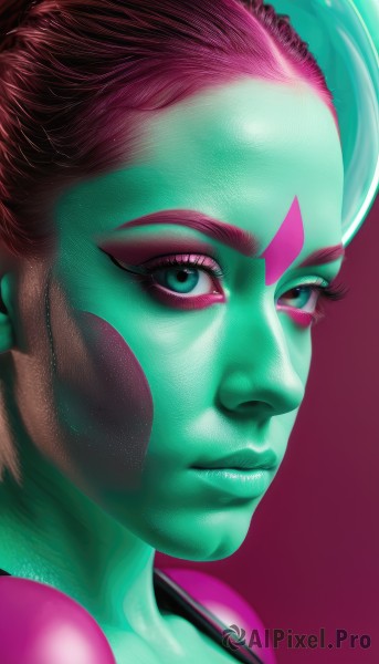 1girl,solo,looking at viewer,short hair,blue eyes,simple background,brown hair,closed mouth,green eyes,pink hair,aqua eyes,lips,eyelashes,makeup,colored skin,facial mark,portrait,eyeshadow,realistic,nose,facepaint,green skin,animification,alien,pink skin,1boy,green hair,expressionless,pink background,close-up