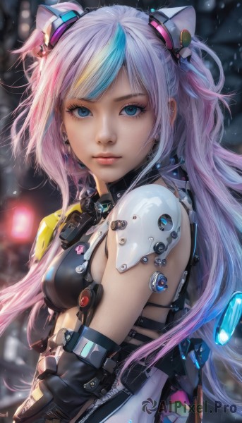 1girl,solo,long hair,breasts,looking at viewer,bangs,blue eyes,hair ornament,gloves,animal ears,twintails,jewelry,medium breasts,closed mouth,blue hair,upper body,pink hair,purple hair,multicolored hair,earrings,small breasts,elbow gloves,blurry,two-tone hair,two side up,lips,streaked hair,bodysuit,blurry background,realistic,nose,detached sleeves,bra,armor,from side,eyelashes,makeup,depth of field,headgear,black bra,shoulder armor,science fiction,bokeh,cyberpunk