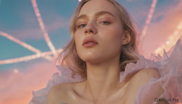 1girl,solo,looking at viewer,short hair,blue eyes,blonde hair,brown hair,bare shoulders,collarbone,upper body,outdoors,parted lips,sky,teeth,cloud,medium hair,mole,blurry,lips,portrait,freckles,realistic,nose,mole on neck,long hair,blue sky,blurry background