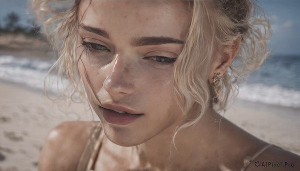 1girl,solo,looking at viewer,smile,short hair,blonde hair,black hair,jewelry,multicolored hair,earrings,outdoors,parted lips,day,blurry,black eyes,lips,grey eyes,depth of field,blurry background,scar,beach,piercing,ear piercing,portrait,freckles,realistic,sand,water,hair bun,eyelashes,ocean,close-up