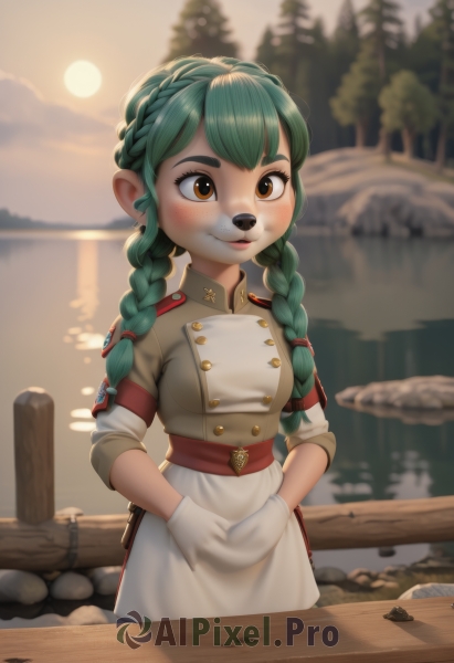 1girl,solo,long hair,breasts,blush,smile,gloves,animal ears,brown eyes,closed mouth,standing,braid,outdoors,green hair,sky,day,belt,cloud,white gloves,water,blurry,uniform,apron,twin braids,tree,military,aqua hair,military uniform,buttons,blurry background,thick eyebrows,own hands together,armband,waist apron,furry,sunset,rock,furry female,sun,river,looking at viewer,jewelry,earrings,pointy ears,artist name,lips,freckles,crown braid