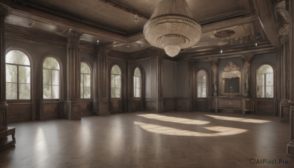 day,indoors,tree,no humans,window,shadow,chair,table,sunlight,curtains,scenery,light rays,wooden floor,stairs,door,light,lamp,architecture,pillar,ceiling,hallway,ceiling light,chandelier,blurry,wooden chair