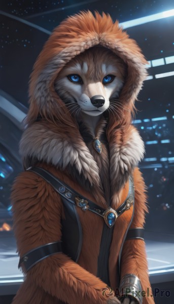 solo,looking at viewer,blue eyes,1boy,jewelry,upper body,male focus,sky,signature,hood,necklace,fur trim,no humans,night,animal,own hands together,brooch,gem,night sky,furry,hood up,animal hood,furry male,body fur,white fur,fur,whiskers,black fur,fluffy,orange fur,1girl,long sleeves,closed mouth,pendant,colored sclera