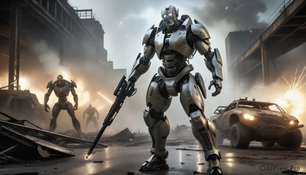 HQ,blue eyes,holding,standing,weapon,outdoors,multiple boys,sky,cloud,2boys,holding weapon,armor,gun,military,glowing,helmet,robot,ground vehicle,building,holding gun,mecha,glowing eyes,motor vehicle,rifle,smoke,science fiction,city,realistic,military vehicle,car,assault rifle,glowing eye,explosion,ruins,power armor,dust,truck,solo focus,no humans,fire,open hand,damaged