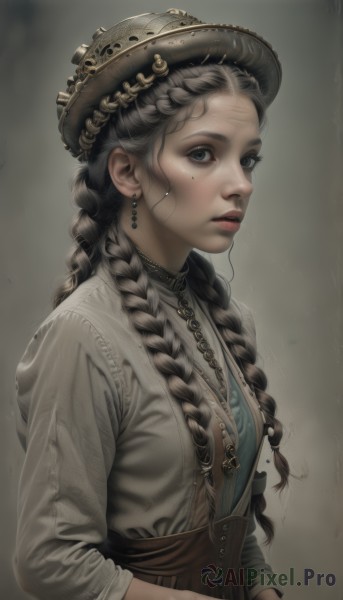 1girl,solo,long hair,breasts,looking at viewer,simple background,brown hair,shirt,black hair,long sleeves,hat,jewelry,closed mouth,upper body,braid,grey hair,earrings,parted lips,grey background,necklace,mole,black eyes,twin braids,lips,grey eyes,eyelashes,mole under eye,hair over shoulder,corset,freckles,realistic,nose,multiple braids,mole on cheek,blue eyes,dress,artist name,signature,blurry,from side,looking to the side,makeup,red lips