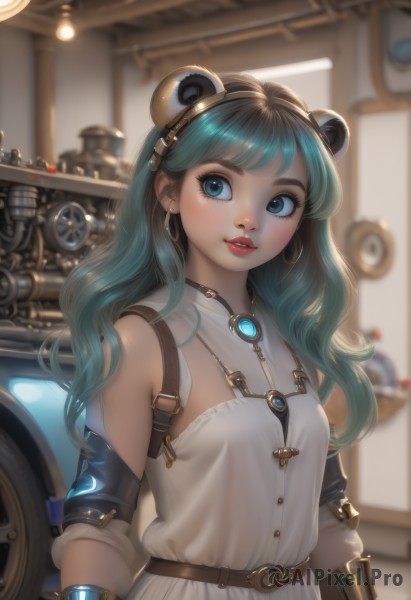 1girl,solo,long hair,breasts,bangs,blue eyes,dress,animal ears,bare shoulders,jewelry,upper body,hairband,earrings,small breasts,parted lips,green hair,sleeveless,belt,indoors,necklace,white dress,blurry,lips,looking to the side,aqua hair,makeup,blurry background,fake animal ears,ground vehicle,hoop earrings,steampunk,looking at viewer,smile,detached sleeves,eyelashes,wavy hair,realistic