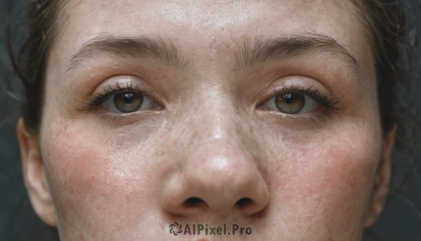 1girl,solo,looking at viewer,brown hair,black hair,brown eyes,blurry,lips,eyelashes,portrait,close-up,reflection,realistic,eye focus,freckles