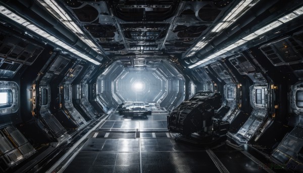 dutch angle,no humans,window,from above,building,scenery,science fiction,space,spacecraft,lights,cockpit,indoors,machinery,reflection,realistic,light,planet