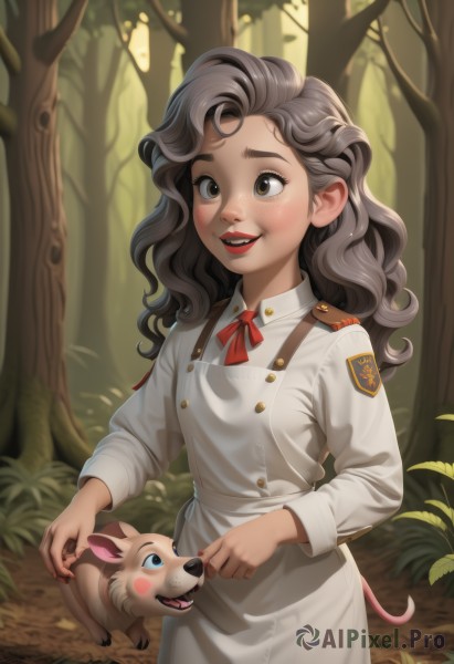 1girl,solo,long hair,blush,smile,open mouth,blue eyes,skirt,brown hair,long sleeves,ribbon,brown eyes,tail,grey hair,outdoors,teeth,day,uniform,red ribbon,tree,military,military uniform,buttons,animal,wavy hair,nature,forest,freckles,epaulettes,red lips,badge,buck teeth,apron,lips,makeup,blush stickers,deer